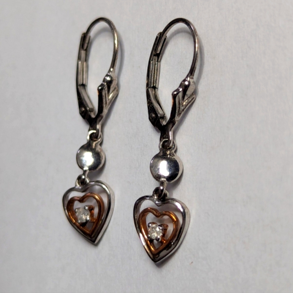 White Yellow Gold Diamond Heart Dangle Earrings